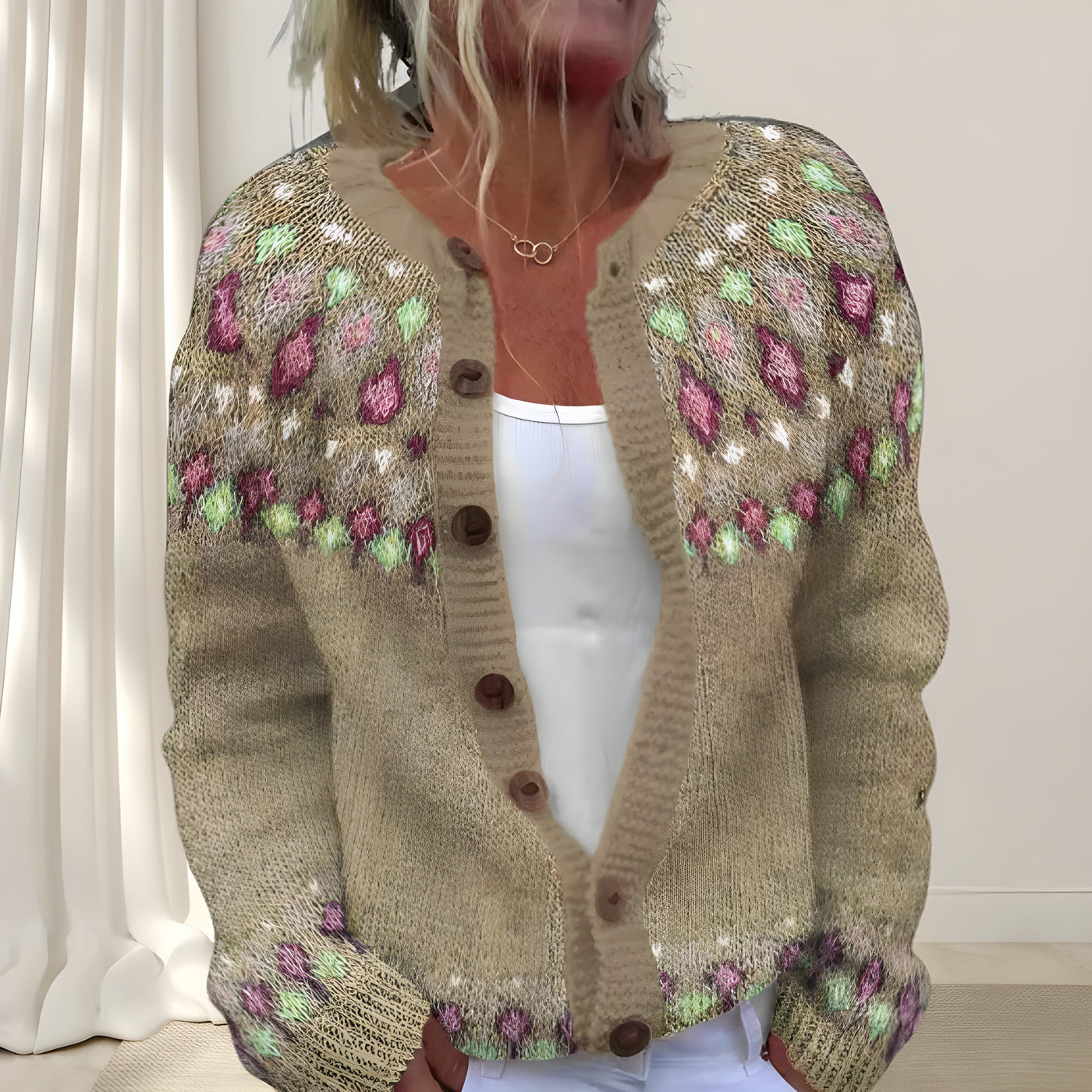 Élodie™ | Cardigan chic ample en maille avec motif